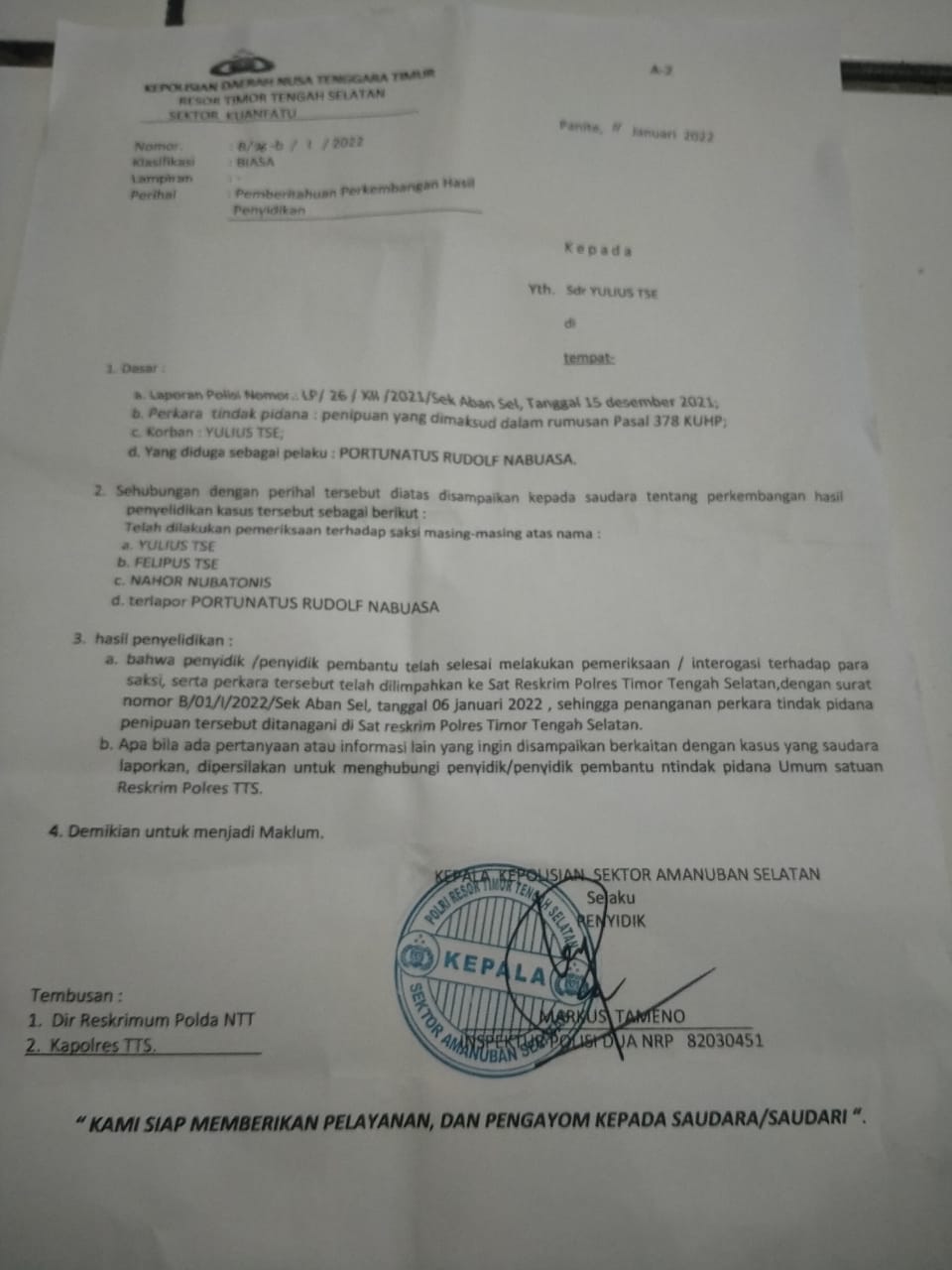 Portunatus Rudolof Nabuasa Diduga  Menipu Yulius Tse  Dalam Transaksi Jual Beli Tanah Tahun 2002